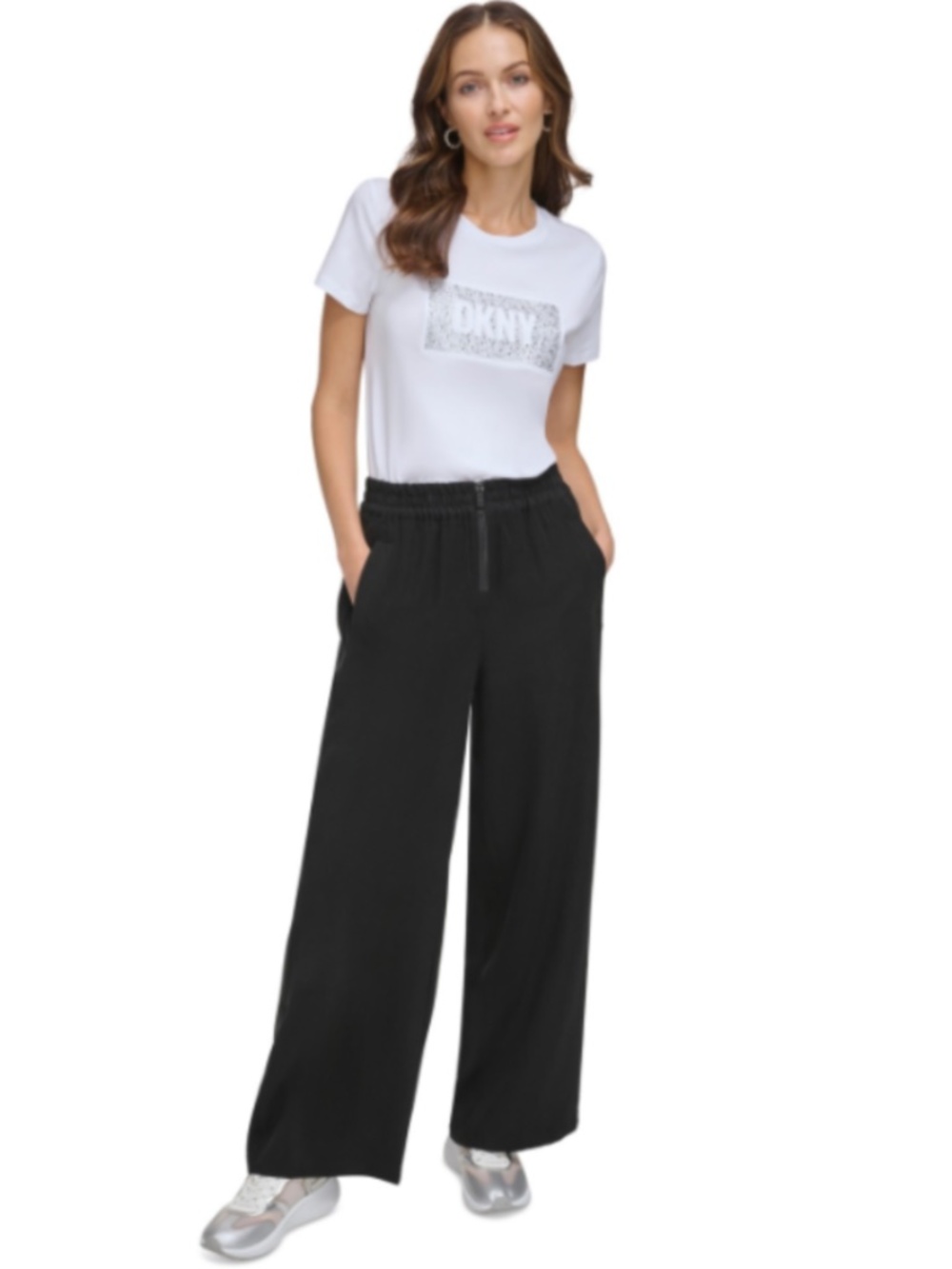 DKNY Women's Studded-Logo Crewneck T-Shirt in White NWT